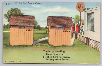#ad Greetings From Ashland Wisconsin Gas Station Outhouses Humor c1944 Postcard $5.75