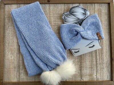 Handmade Knit Blue Headband and Scarf Set faux fur pompom