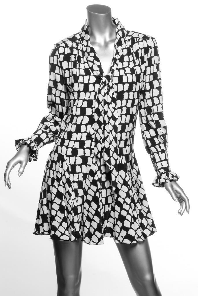 Abito a maniche lunghe Saint Laurent da donna bianco nero stampa cravatta di seta anteriore FR36 US4