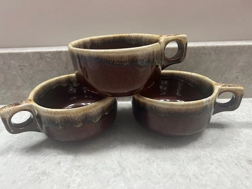 Vintage 3 Western Stoneware Monmouth Brown Drip Pottery Soup Bowls with Handle