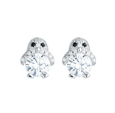 Shiny 925 Silver Rhodium Plated Sparkling Clear CZ Penguin Stud Earrings Box I63