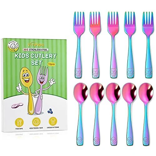 10 Pack Toddler Utensils, Stainless Steel Rainbow Silverware Set for Kids,  Ch