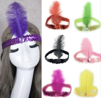 CAPRILITE 20s Sequin Feather Headband Fancy Dress Charleston Brow Band Gatsby Flapper UK