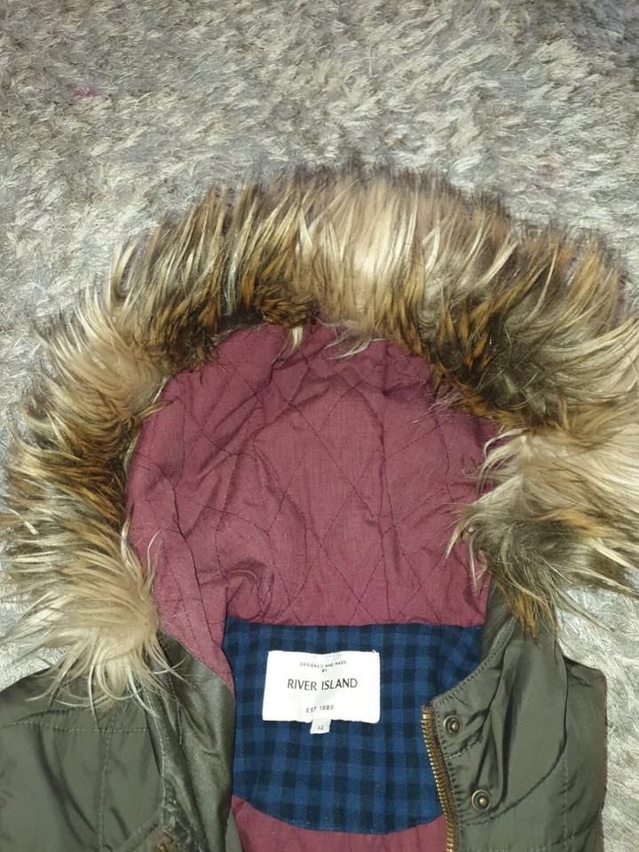 River Island Coat Parka Puffer Wax Faux Fur Trim Hood Khaki Green Size