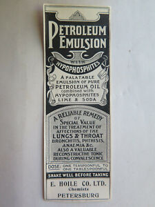 PETROLEUM EMULSION LABEL by E HOILE PETERSBURG SOUTH AUSTRALIA ORIGINAL c1910