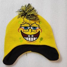 SpongeBob SquarePants Beanie Hat Knit Winter Ear Flap Smile Yellow Black Adult