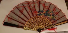 Vintage Asian Folding Hand Fan Sheer Black Fabric Embroidered Peacock Ornate