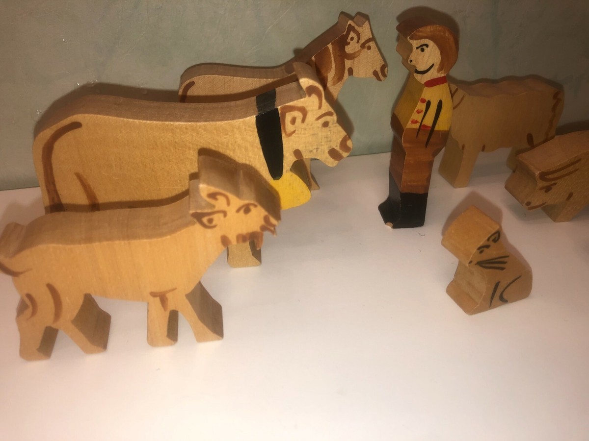 Ancien Filet De Noël Jouet En Bois – Figurines Ferme Et Animaux, Sapin, Années 20 (France)