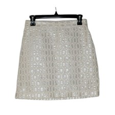 Banana Republic Metallic Silver Hex Print Lined Cream Party Mini Skirt Sz 2 GUC