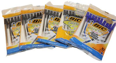 Lot of 5 Packs - 10 Bic Cristal Ballpoint Ink Pens Easy Glide 4 Black and 1 Blue