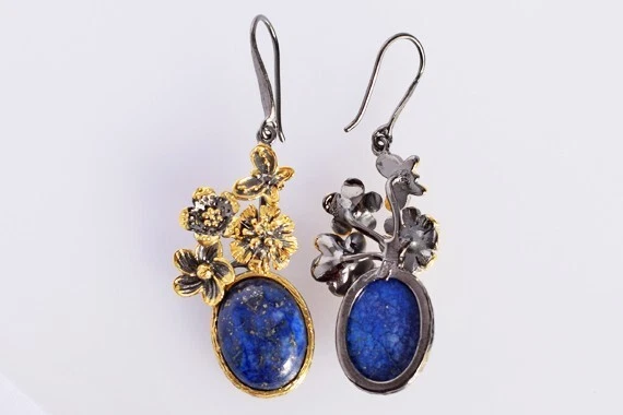 Orecchini pendenti floreali argento sterling pietra preziosa lapislazzuli... - Immagine 3 di 3