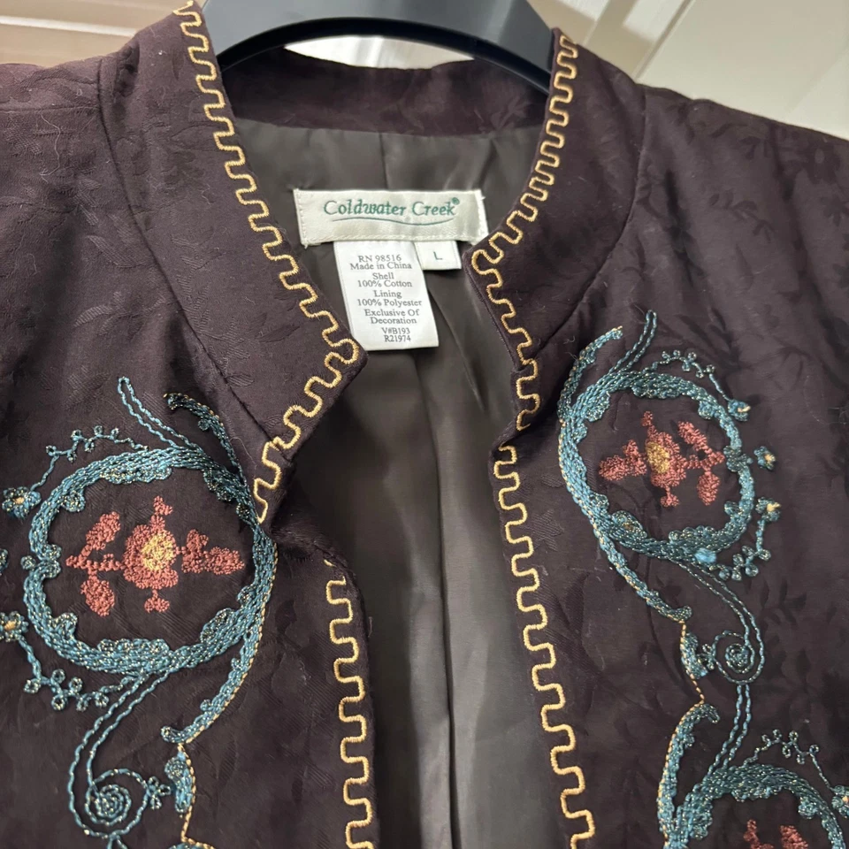 Chaqueta Coldwater Creek Boho Hippie Bordada Floral Oscura Marrón Chocolate Lg Foto 2 de 4