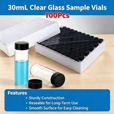 100pcs 30ml Glass Vials with Black Plastic Screw Caps for Lab/Travel Storage