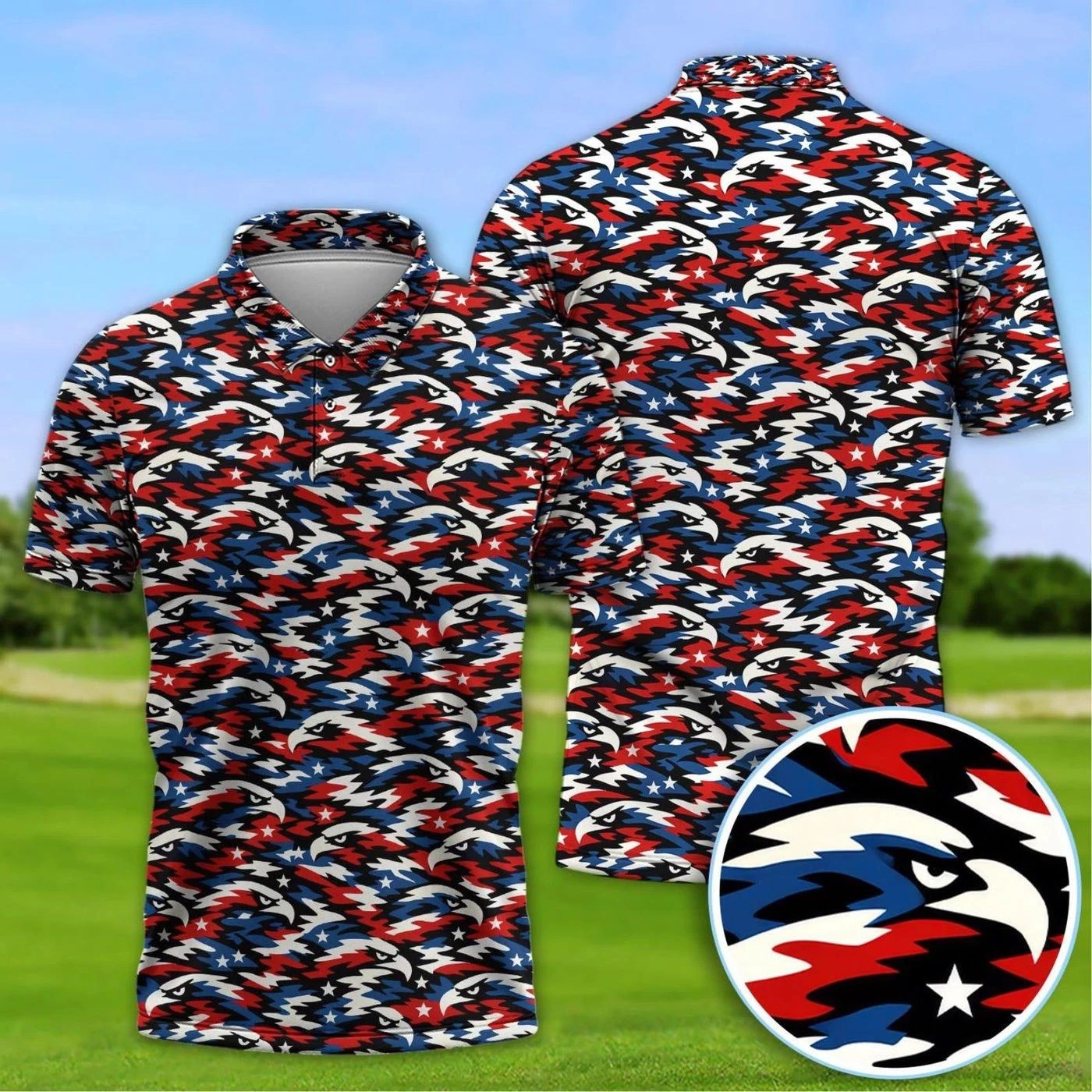 USA Camo Polo, Patriotic Eagle Pattern Shirt, Golf Outfit for Him