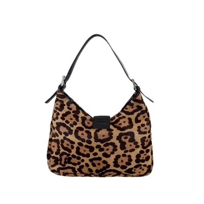 FENDI Baguette Pony Hair Calf Leather Leopard Shoulder Bag Brown