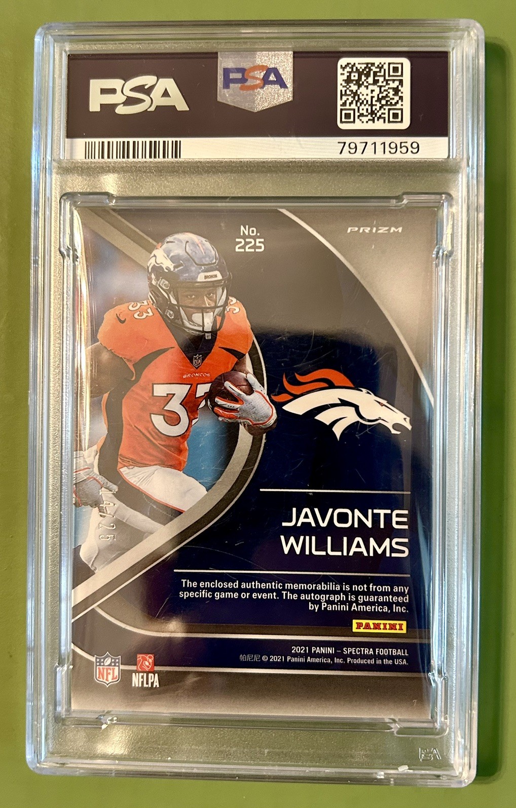 Javonte Williams 2021 Spectra Rookie Patch Auto 10 Neon Pink 14/25 PSA 10 POP 1 view 3