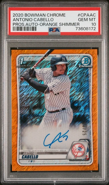 2020 BOWMAN CHROME PROSPECT AUTO ORANGE SHIMMER ANTONIO CABELLO 3/25 PSA 10