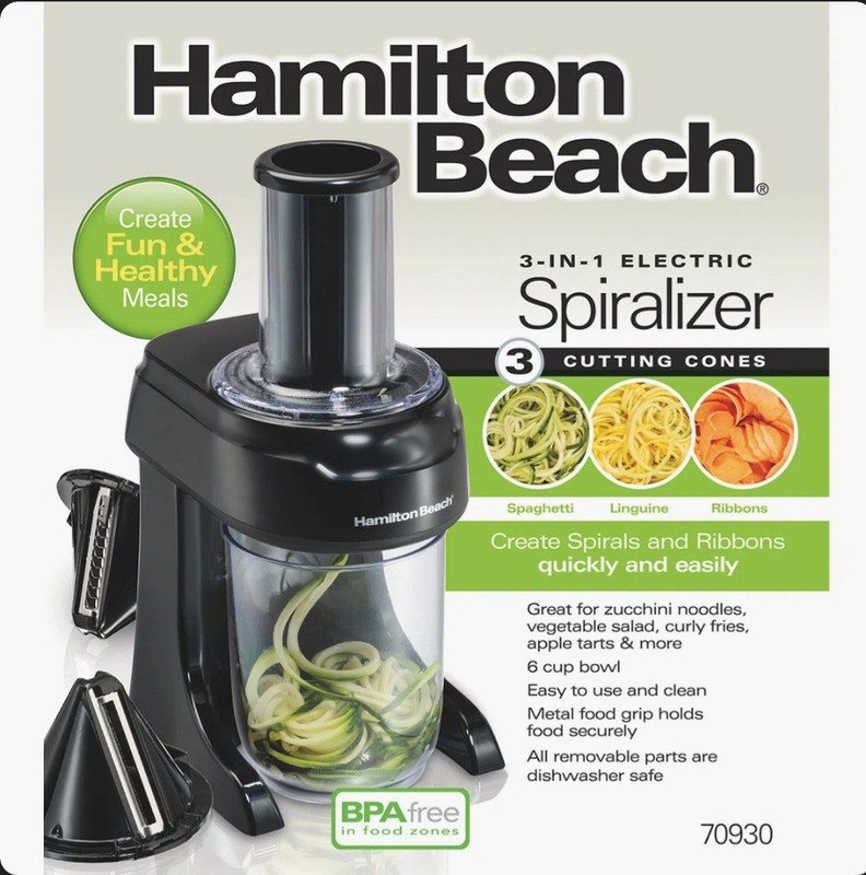 Hamilton Beach 70930 Electric Spiralizer w/ 3 Cutting Cones, Bowl, Black/Clear