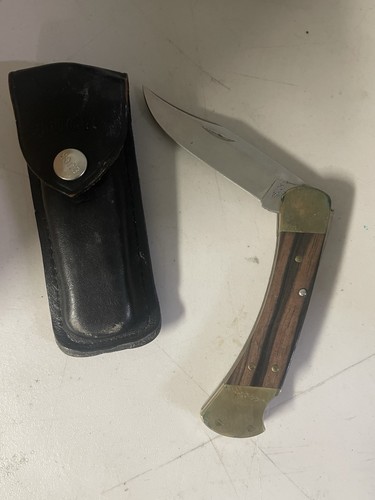 VTG BUCK 110 FOLDING HUNTER LOCKBACK KNIFE WITH BLACK LEATHER SHEATH USA