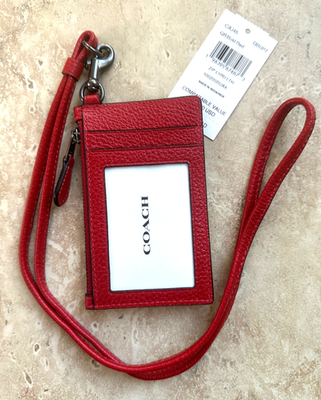 COACH ZIP LANYARD CARD CASE IN LEATHER:NWT POOL or BOLD RED CAJ45