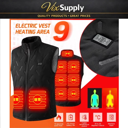 USB Heated Vest Black - M Size, 9 Heating Zones, Electric Heating with 3 Temp Se - product listing photo