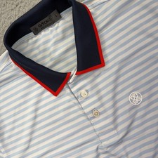 G/FORE Golf Polo Shirt Men Large Blue White Striped Short Sleeve Performance