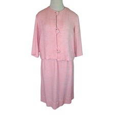 VTG Women's 1960's MOD 2 Pc Jacket Skirt Dress Suit Set Pink Twill 3/4 Sleeve