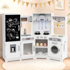 Corner Kids Play Kitchen Wooden Pretend Toy Kitchen w/ Realistic Lights White