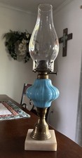1870s ANTIQUE CHESTNUT LIGHTNING ROD BALL BLUE GLASS ON MARBLE BASE OIL LAMP 🔥