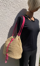Stroh Bucket Bag Beutel Shopper Tasche Natur Häkel Design mit Doppelträger pink