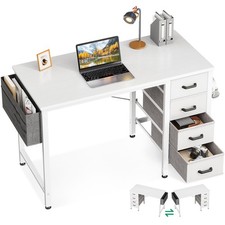 32-Inch Small Computer Desk with 4 Fabric Drawers, Storage, Side Hook and Clo...