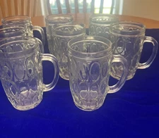 Vintage Set of 8 Dimple Beer Mugs W/Handles  Clear Bar Glass 5"-12oz -Excellent