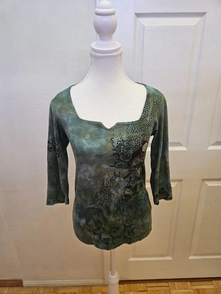 NUEVA Y2K GLIMA Blusa Top Verde Azul Estampado Tie Dye Asiático Jaguar Algodón S Foto 2 de 4