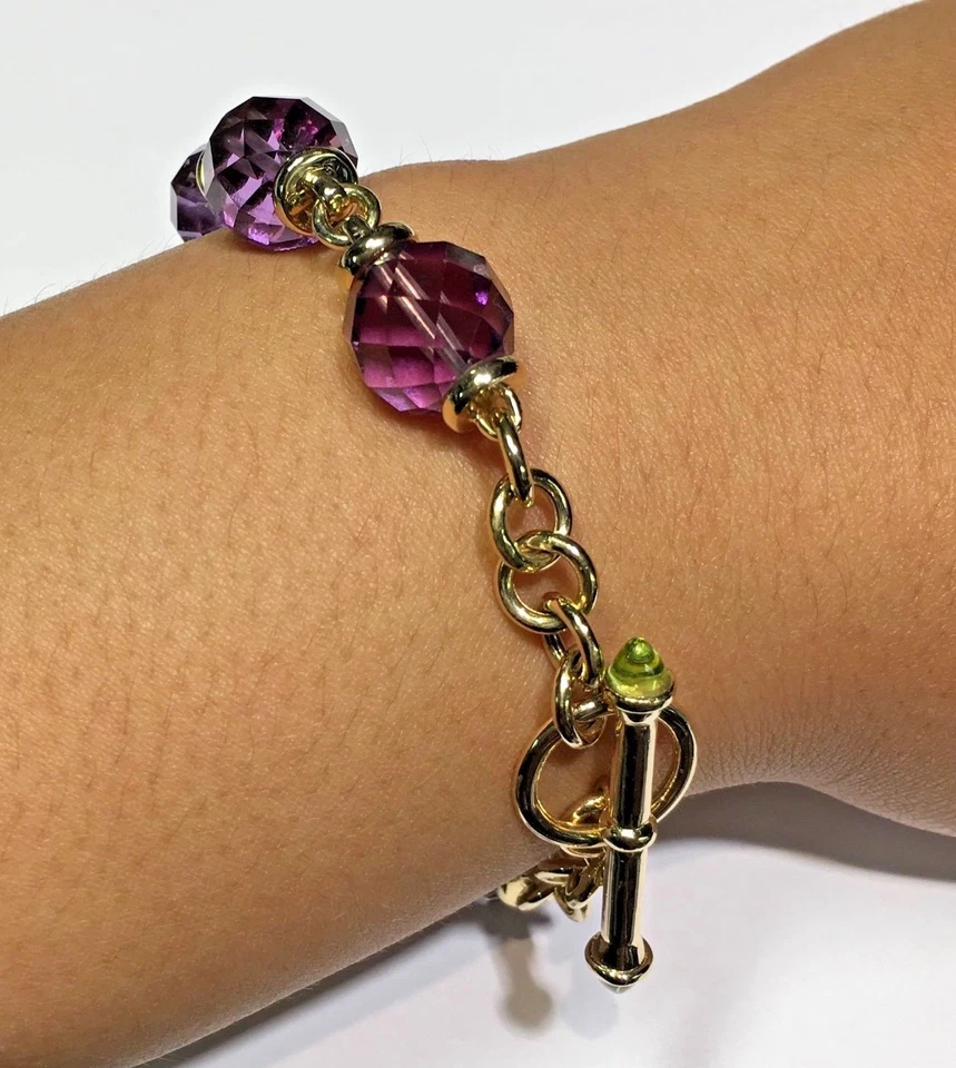 Brazalete de palanca de peridoto verde amatista púrpura facetado diseñador de lujo 14k YG de 8,5" Foto 2 de 4
