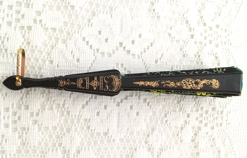 Folding HAND HELD FAN Black GREEN SEQUINS Embroidery BLACK GOLD FRAME Fast Ship - Picture 5 of 7