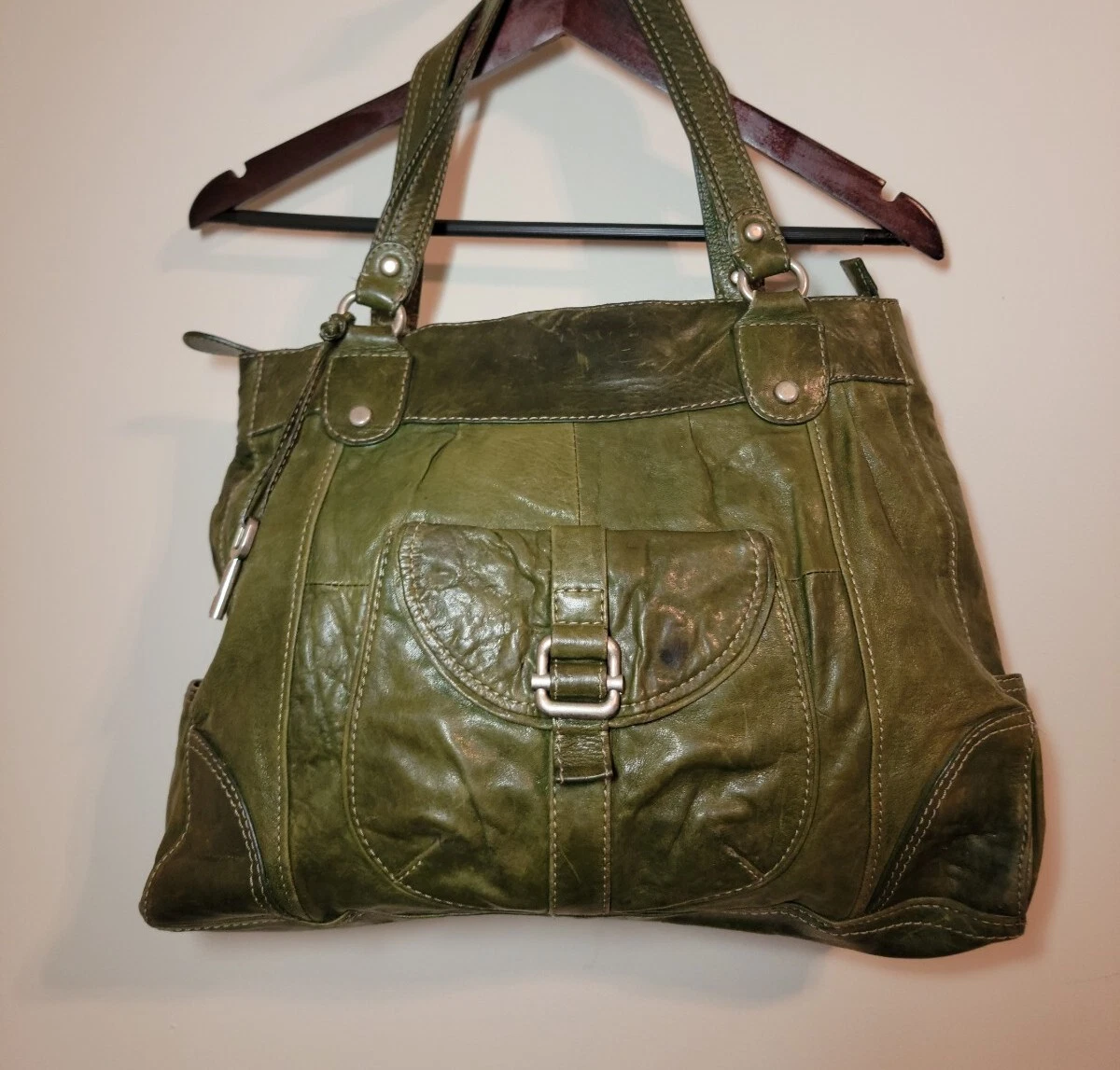 Fossil Shopper Large Leather Bag Purse Dark Olive Moss Green Handbag Carry On