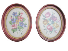 Vintage Framed Floral Needlepoint Picture Pair Oval Frame Roses Violets 10" x 8"