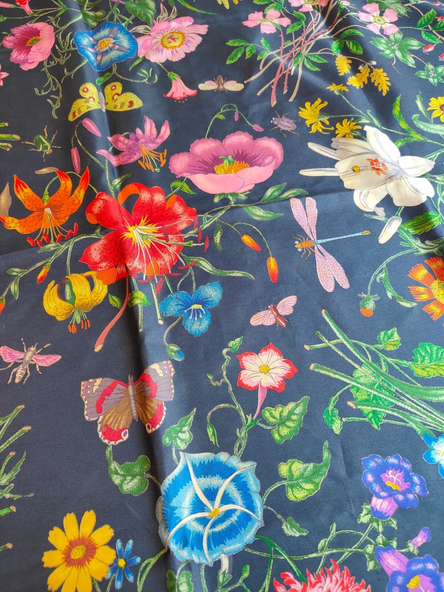 Gucci Silk Scarf Flower Floral Botanical Plants Dark Navy