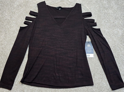 Rock & Republic Cold Shoulder Top Shirt V-Neck Keyhole Nikita Wine Women's M NWT