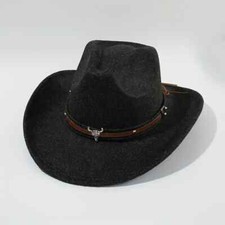 Cowboy Hat w/ bull head belt faux suede Fedora Vintage Western preshaped Brim BK