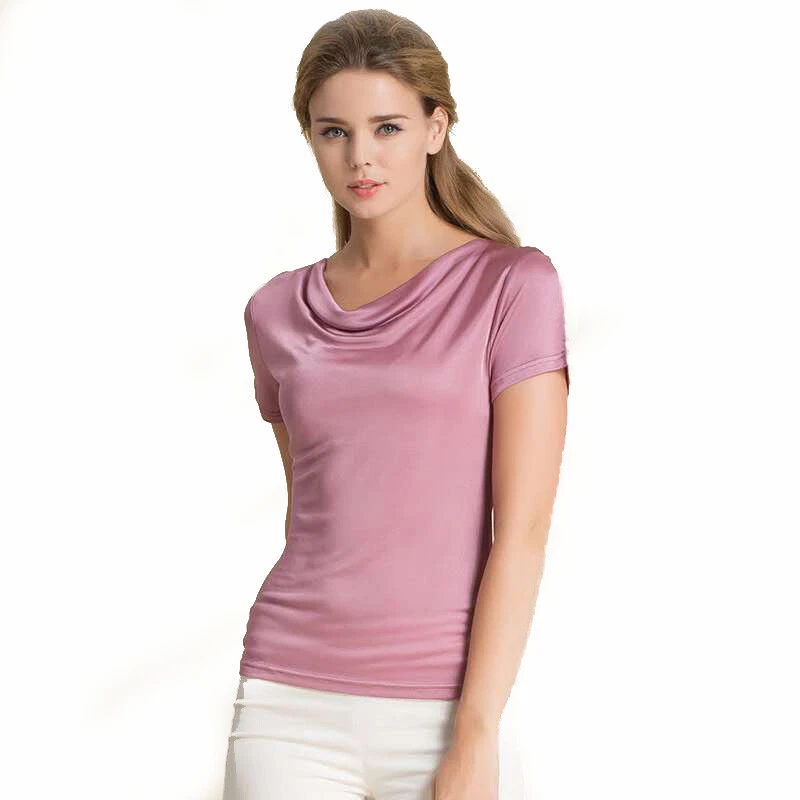 Women's 100% Silk Cowl Neck T-Shirt Short Sleeves Base Layer Top Shirt S M L XL