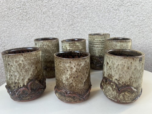 Vtg Studio Art Pottery Bohemian Cups Mugs Browns Set 7 Signed - Picture 5 of 9
