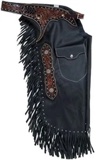 Custom Made Western Chinks Cow Leather Chaps Fringes Tooled Yoke Buckle Closure