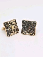 Signed Swank Black Enamel Raised Leaf Design Gold Tone Metal Cuff Links Vintage