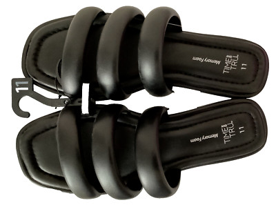 TIME AND TRU MEMORY FOAM Black 3 Band Flat Heel Slide Sandals Sz 11