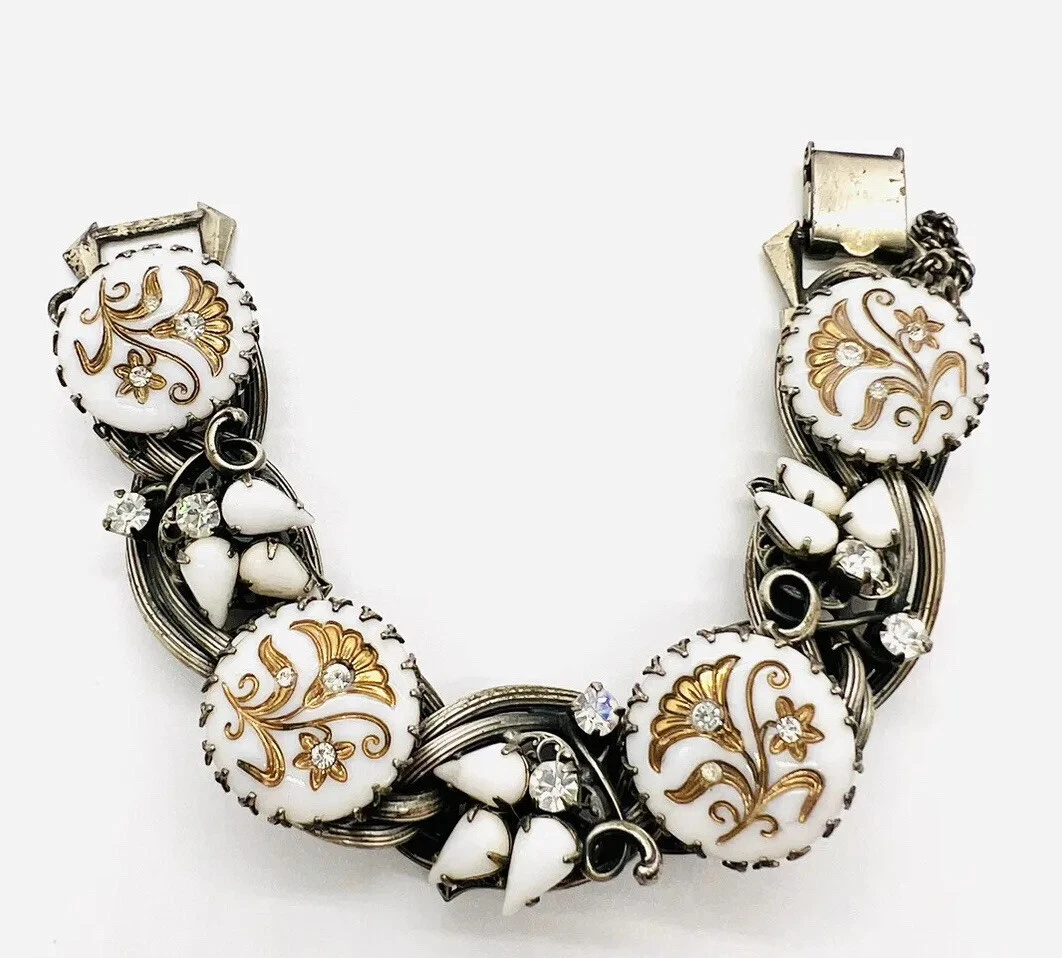 Bracelet à maillons en verre dépoli blanc moulé Dior by Henkel & Grosse bijou vintage