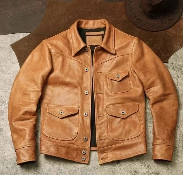 Mens American Casual Vintage Style Jacket Veg-Tanned Natural CowhWaxed