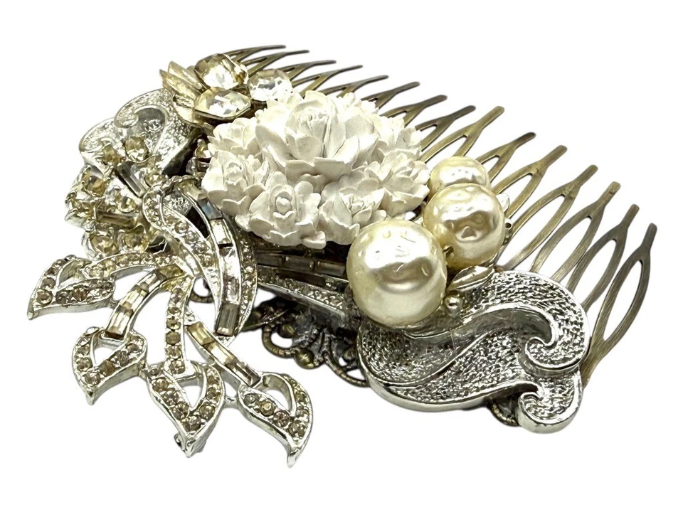 Bridal Pearl Hairpiece Wedding Rhinestone Comb Silver Vintage Jewelry Accessory - Image 3 of 4