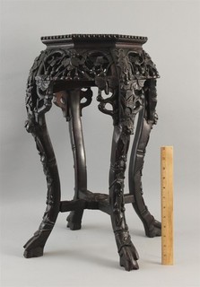 Antique Chinese Carved Wood Marble Inlay Pedestal Plant Sculpture Stand Table
