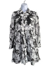 Anthropologie Floral Shirt Dress Womens 2 White Black Embroidered Babydoll Mini